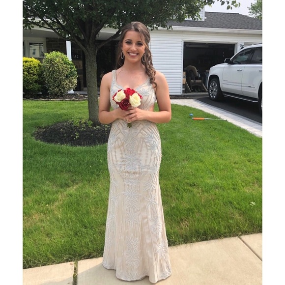 Jovani Champagne Open Back Embellished Prom Dress - Picture 1 of 6